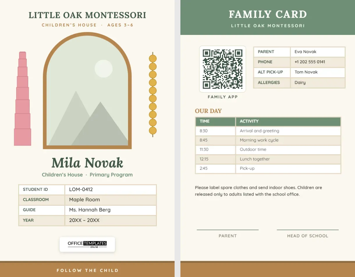 Montessori Student ID Card Template