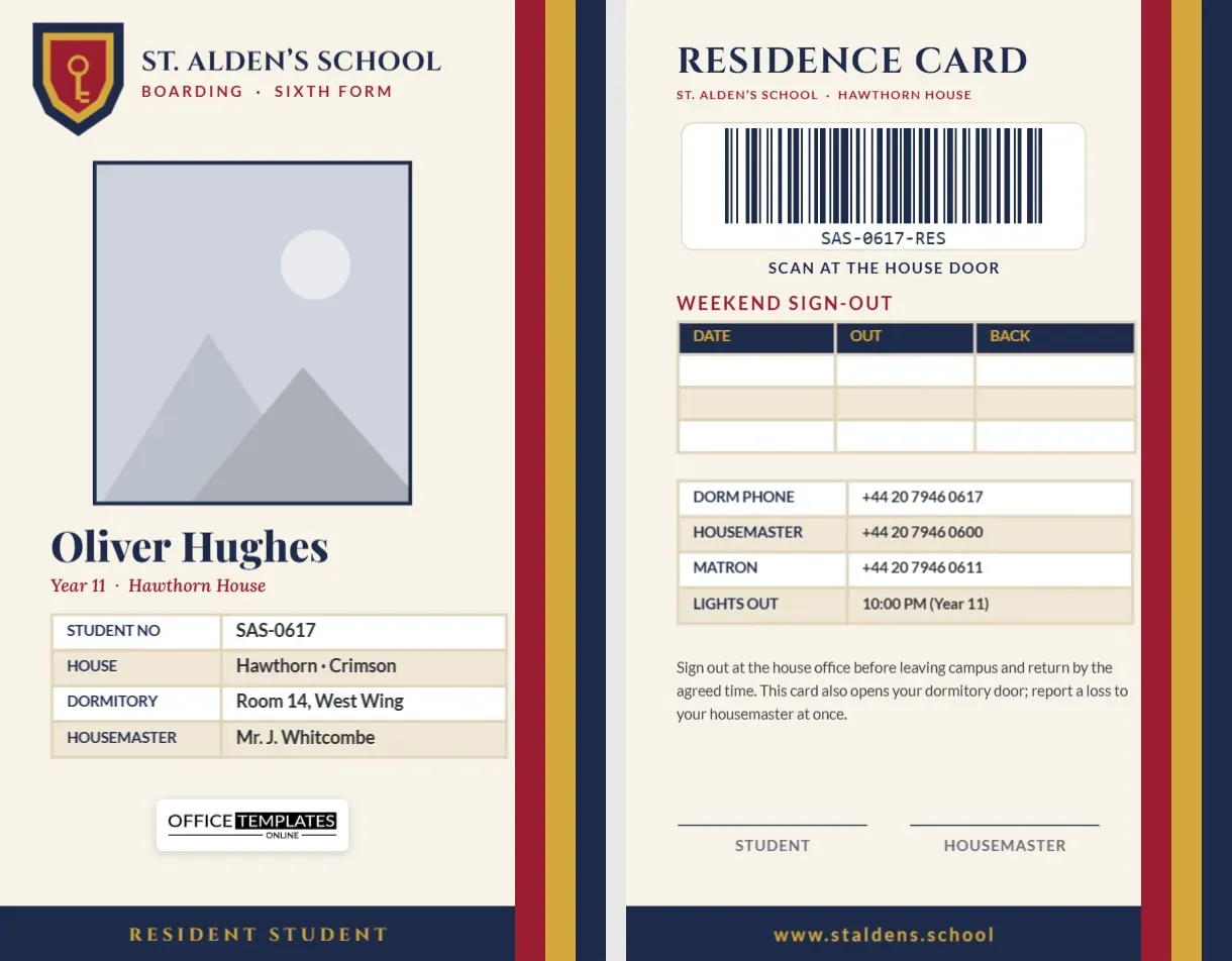 Boarding School Student ID Card Template