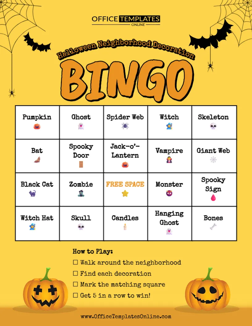 Halloween Neighborhood Decoration Bingo Template