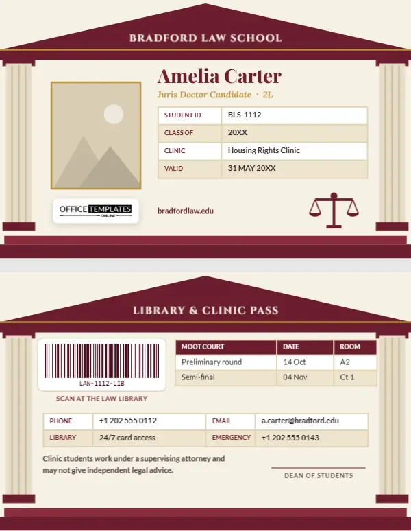 Law Student ID Card Template