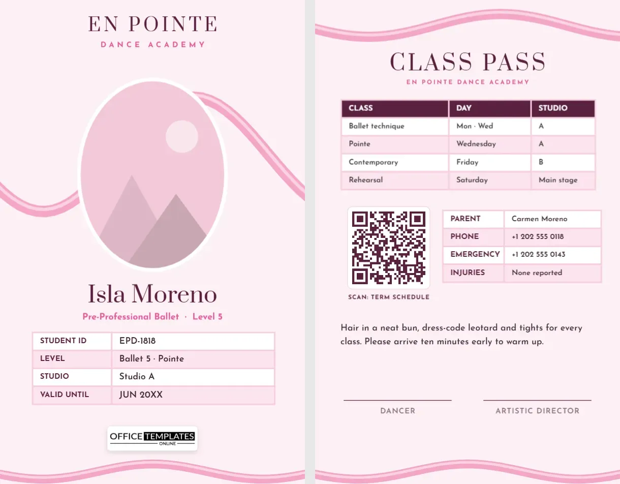 Dance Academy Student ID Card Template