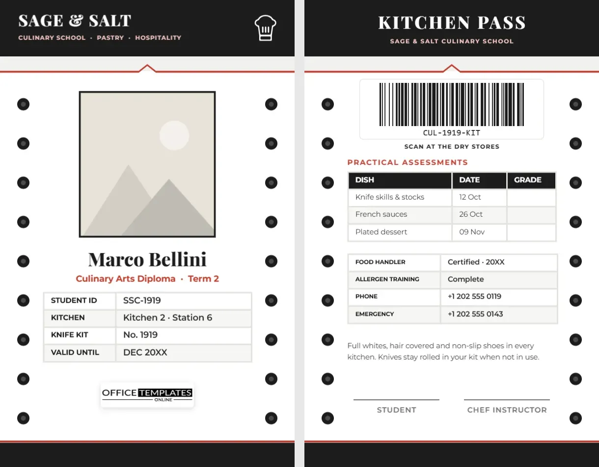 Culinary School Student ID Card Template