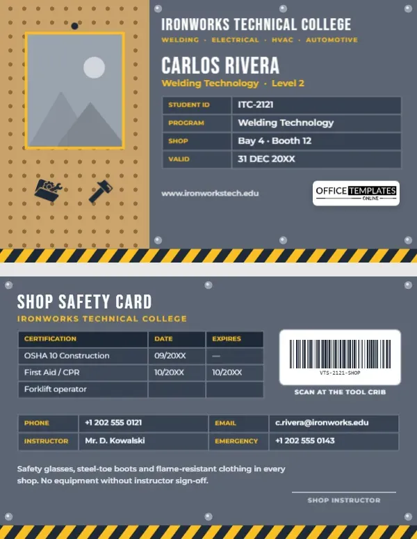 Trade School Student ID Card Template