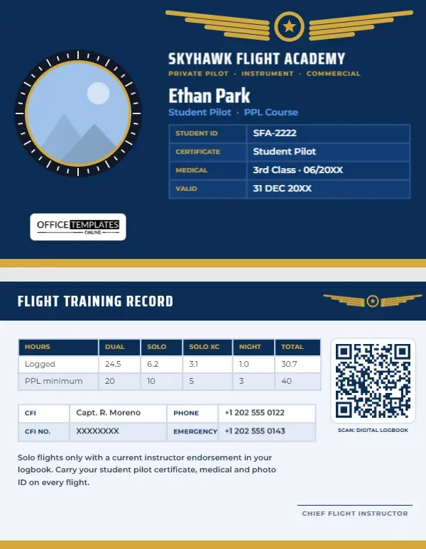 Student Pilot ID Card Template