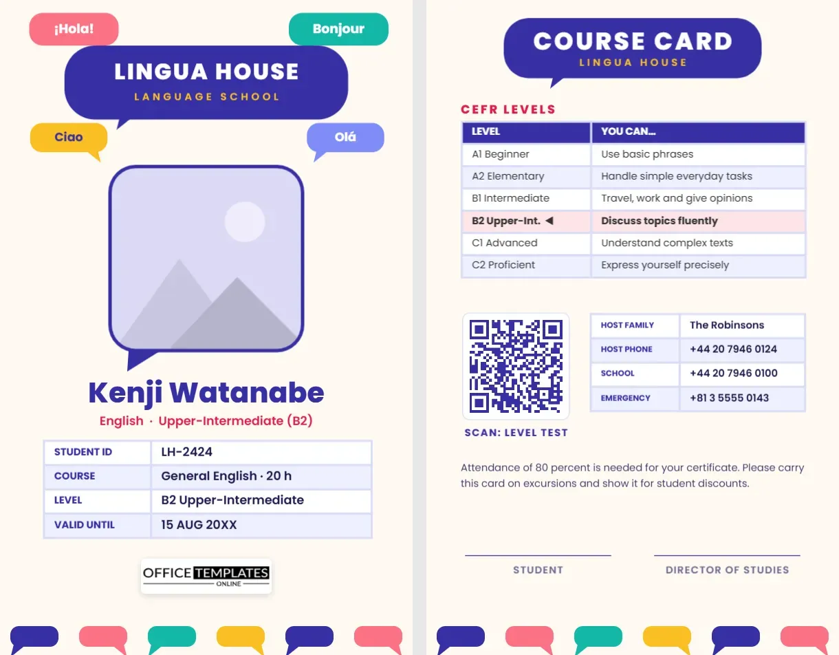 Language School Student ID Card Template