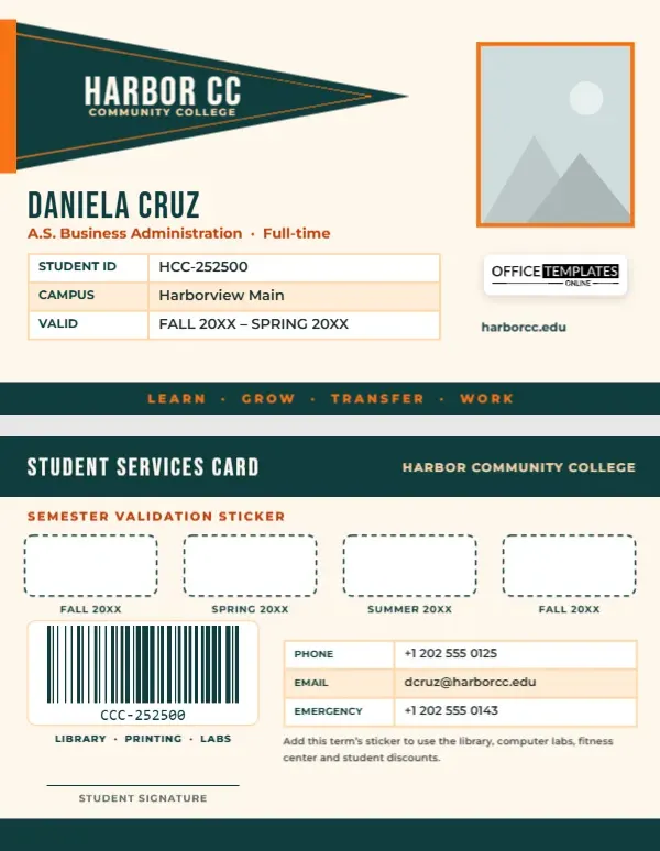 Community College Student ID Card Template