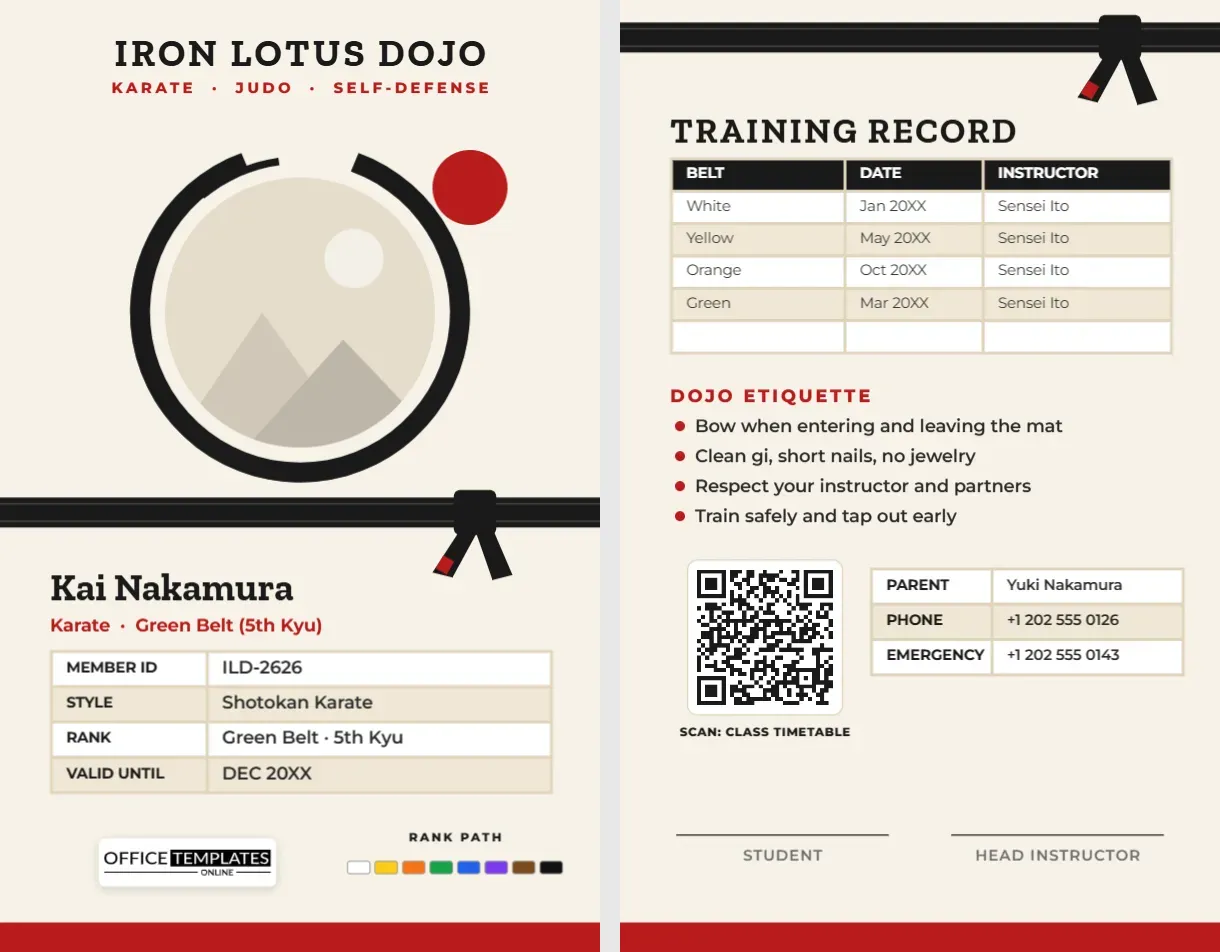 Martial Arts Student ID Card Template