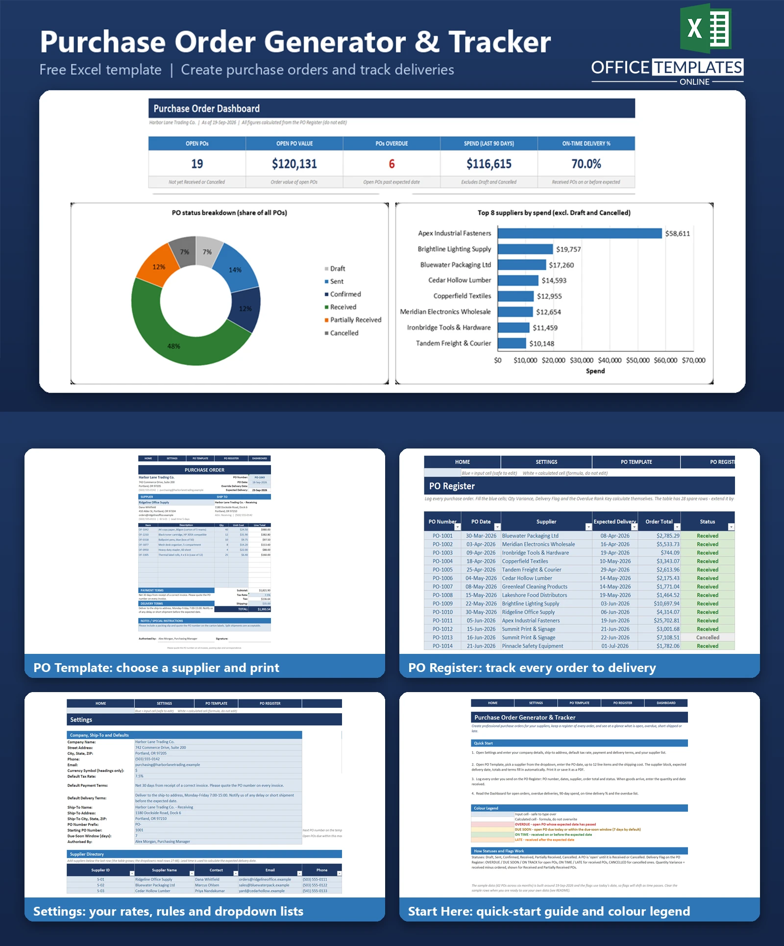 Excel Purchase Order Generator and Tracker for creating purchase orders, tracking suppliers, items, quantities, and order status