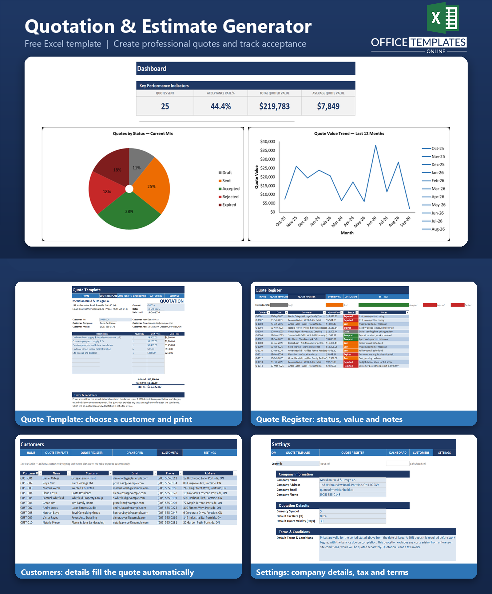 Excel Quotation and Estimate Generator for creating quotes, calculating totals, and tracking customer estimates