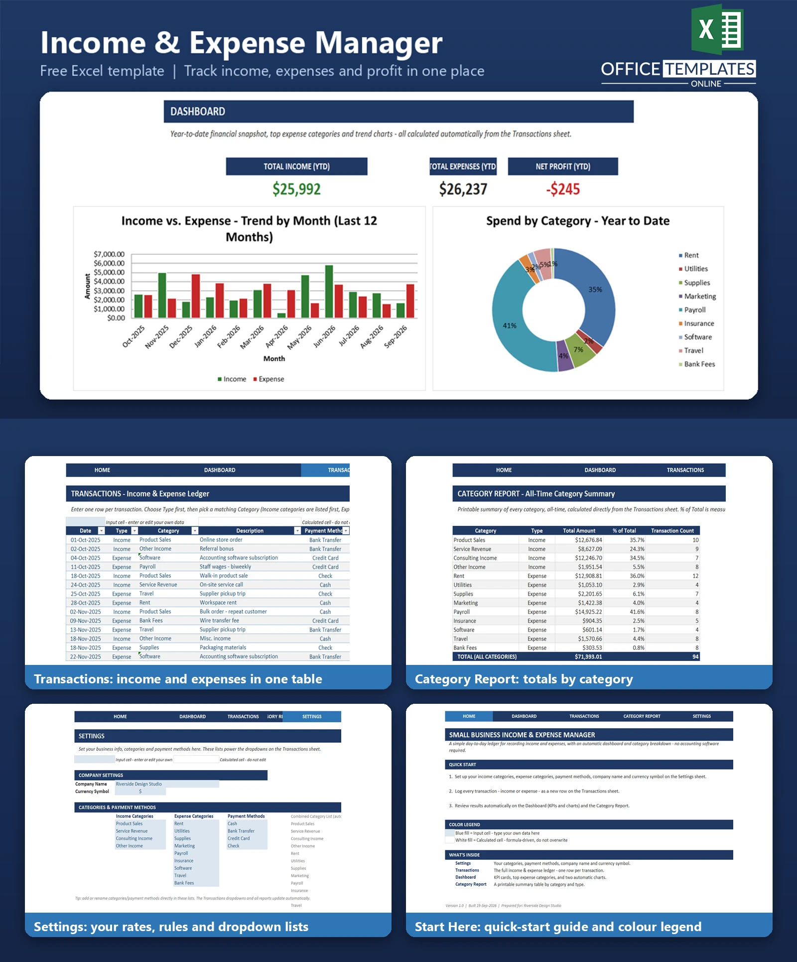 Small business income and expense manager for tracking revenue, expenses, categories, and financial reports in Excel