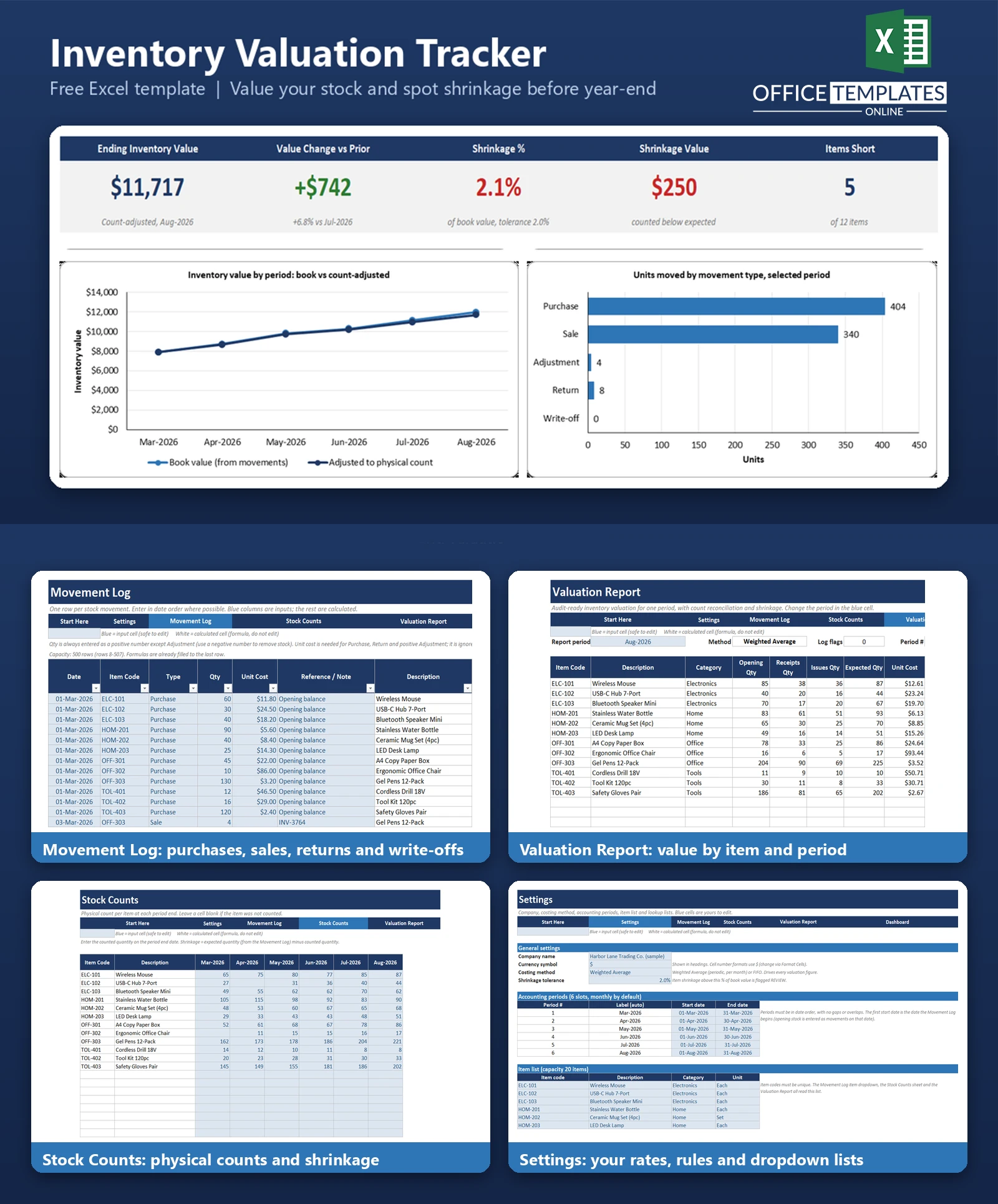 Excel Stock Movement and Inventory Valuation Tracker for monitoring stock changes, inventory costs, and valuation methods