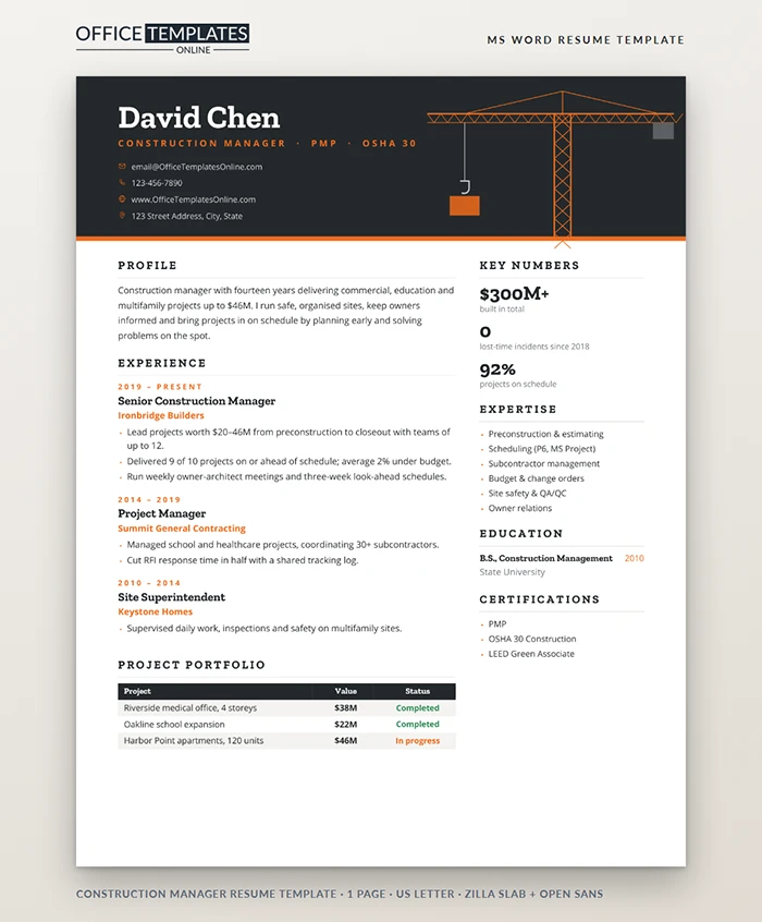 Construction Manager Resume Template
