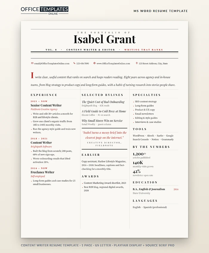 Content Writer Resume Template