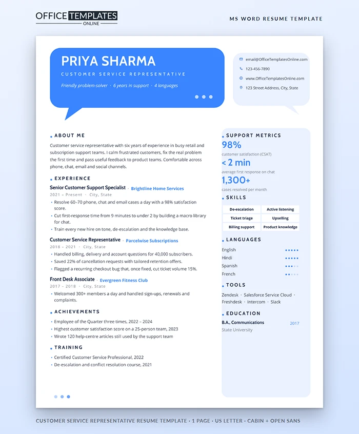 Customer Service Representative Resume Template Preview