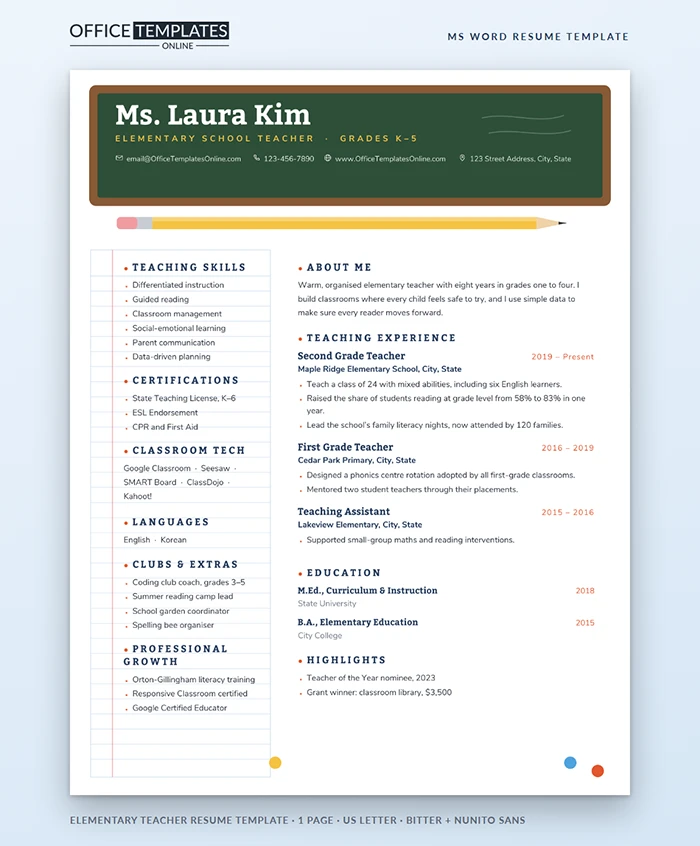 Elementary Teacher Resume Template Preview