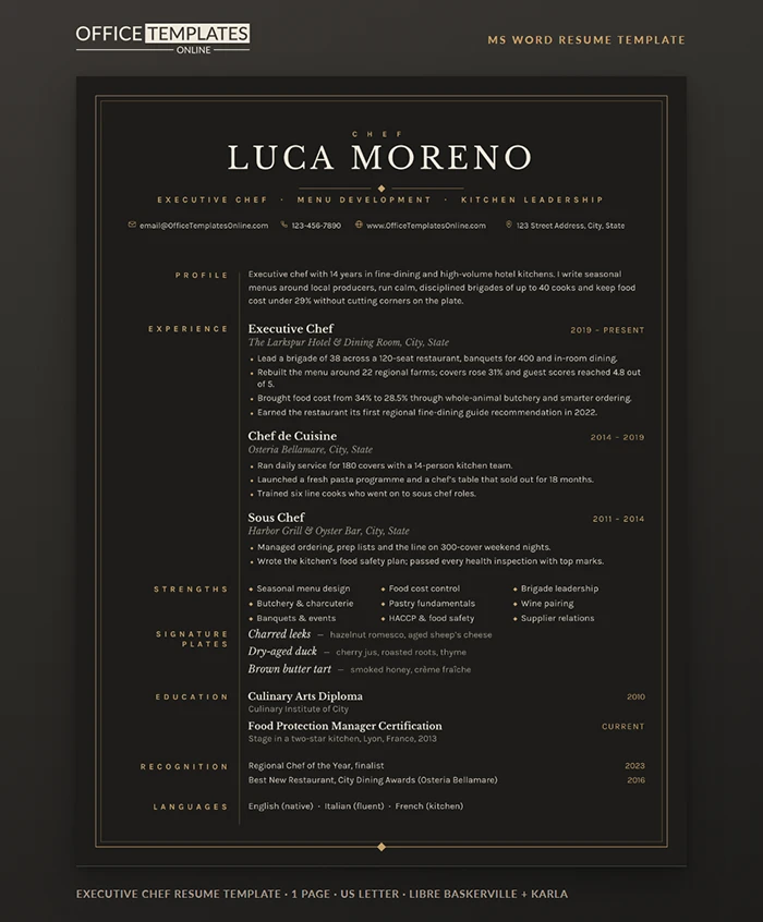 Executive Chef Resume Template Preview