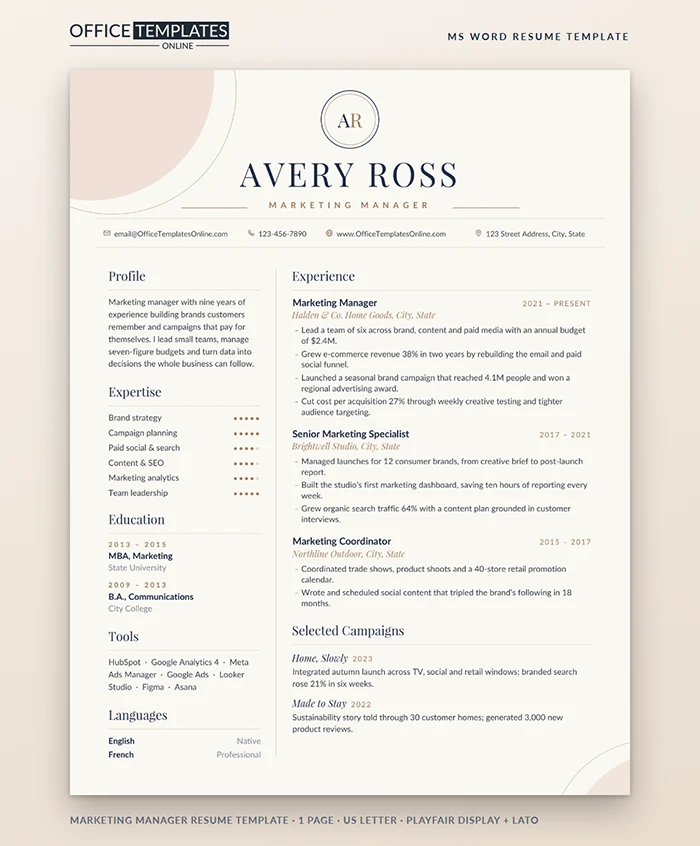 Marketing Manager Resume Template Preview