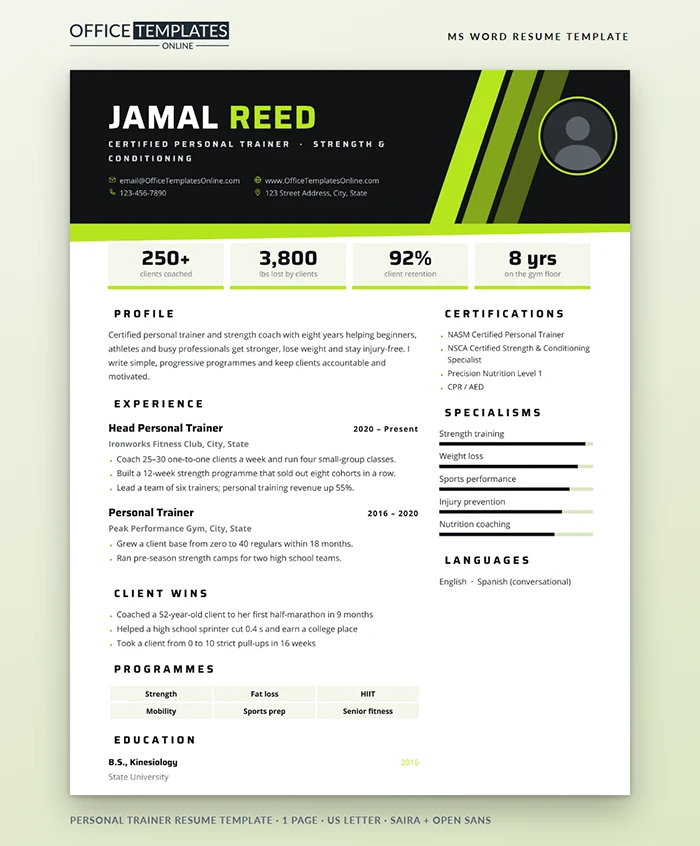 Personal Trainer Resume Template Preview