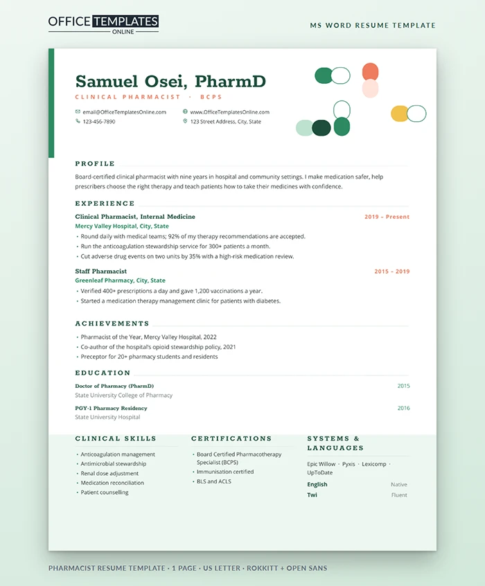 Pharmacist Resume Template Preview