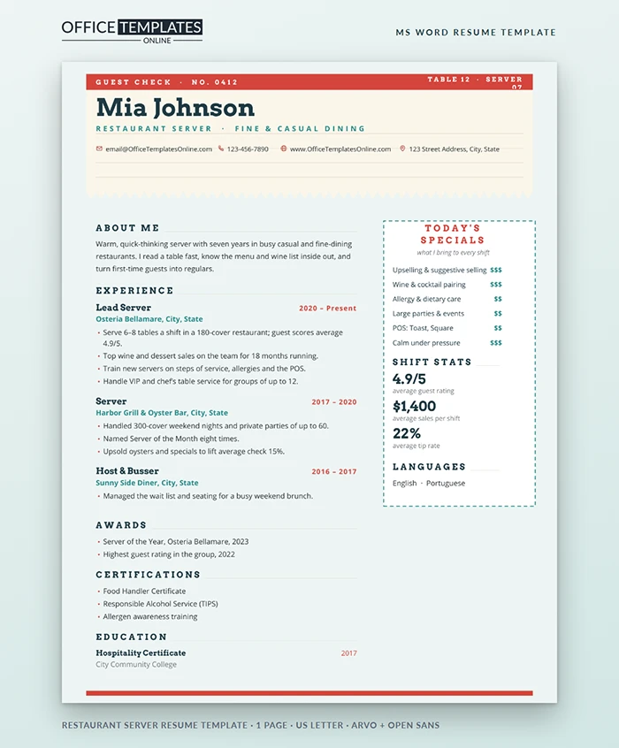 Restaurant Server Resume Template
