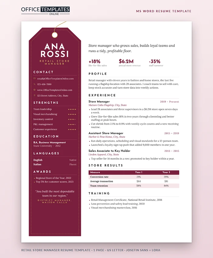 Retail Store Manager Resume Template Preview