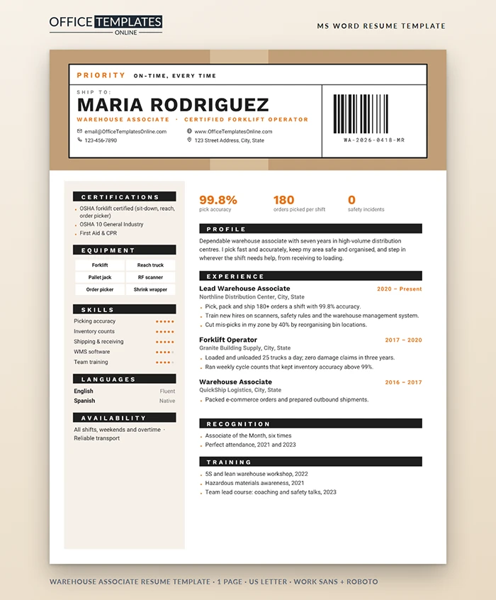 Warehouse Associate Resume Template Preview