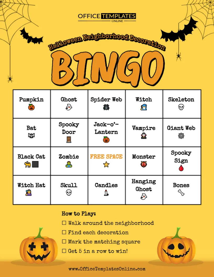 Halloween Neighborhood Decoration Bingo Template