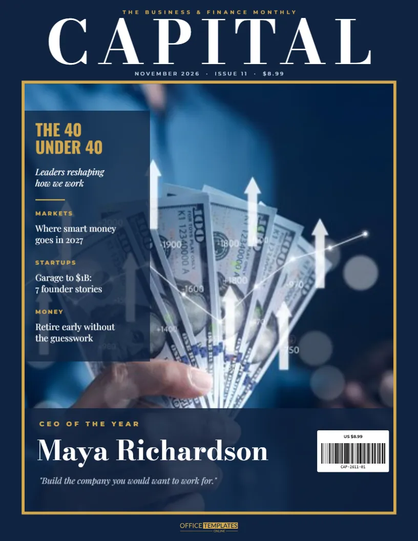 Business Magazine Cover Template – Navy & Gold Finance Cover