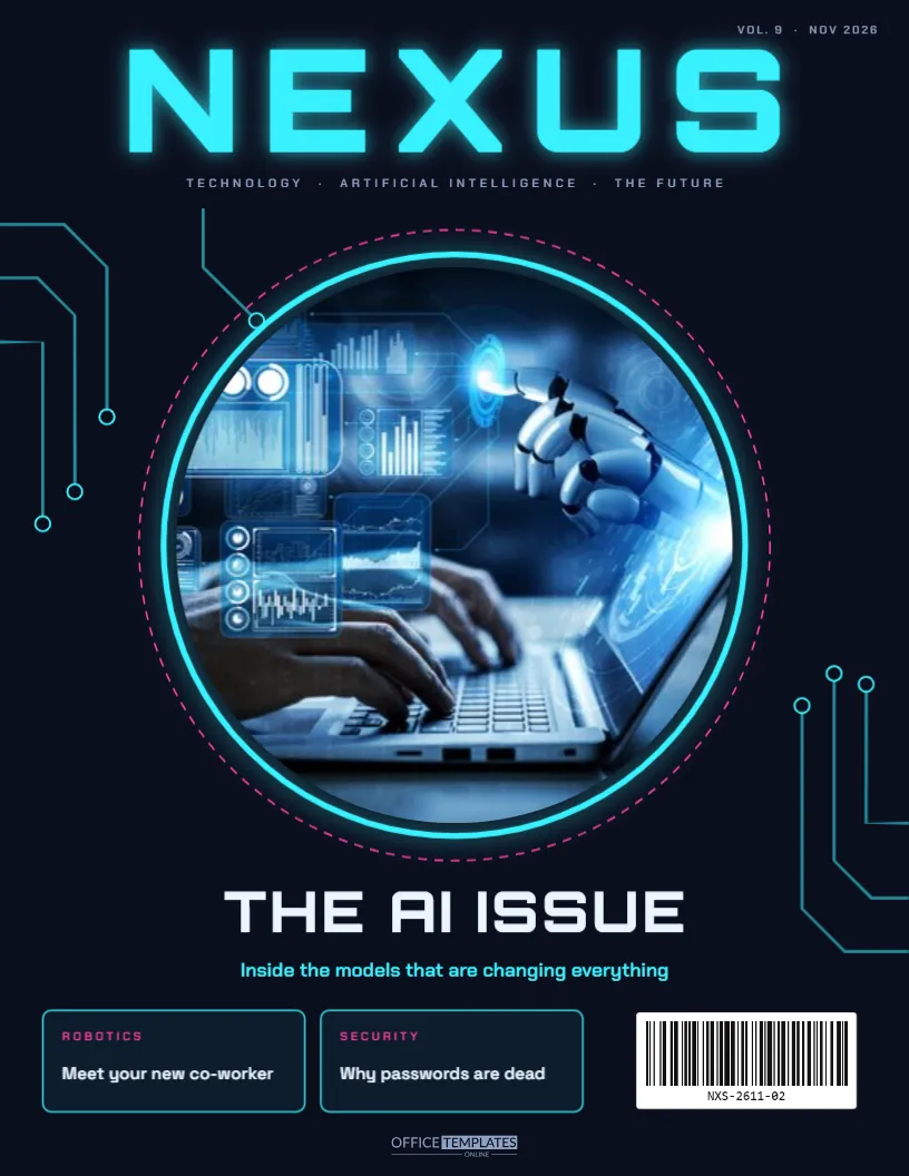 Technology Magazine Cover Template – Neon AI Issue with Lens Photo