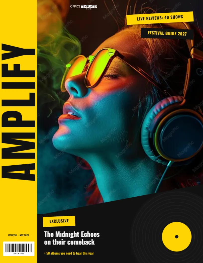Music Magazine Cover Template – Bold Yellow & Black Band Cover