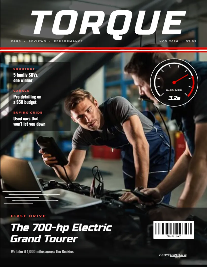 Car Magazine Cover Template – TORQUE Automotive Cover with Racing Stripe