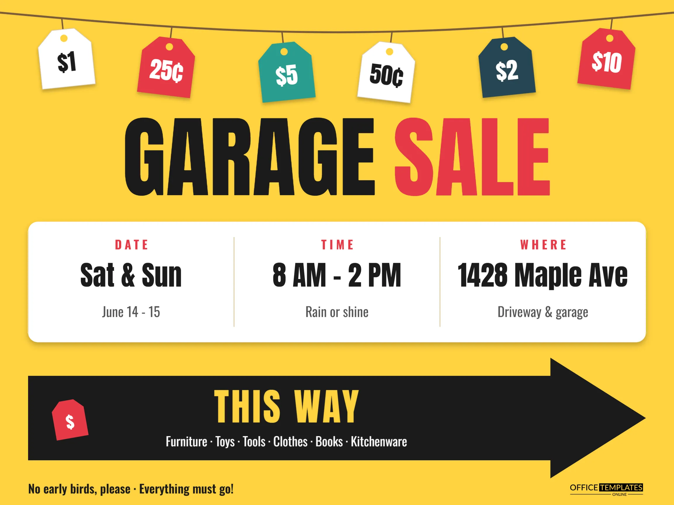 Garage Sale Sign Template – Bright Yard Sign with Price Tags & Arrow