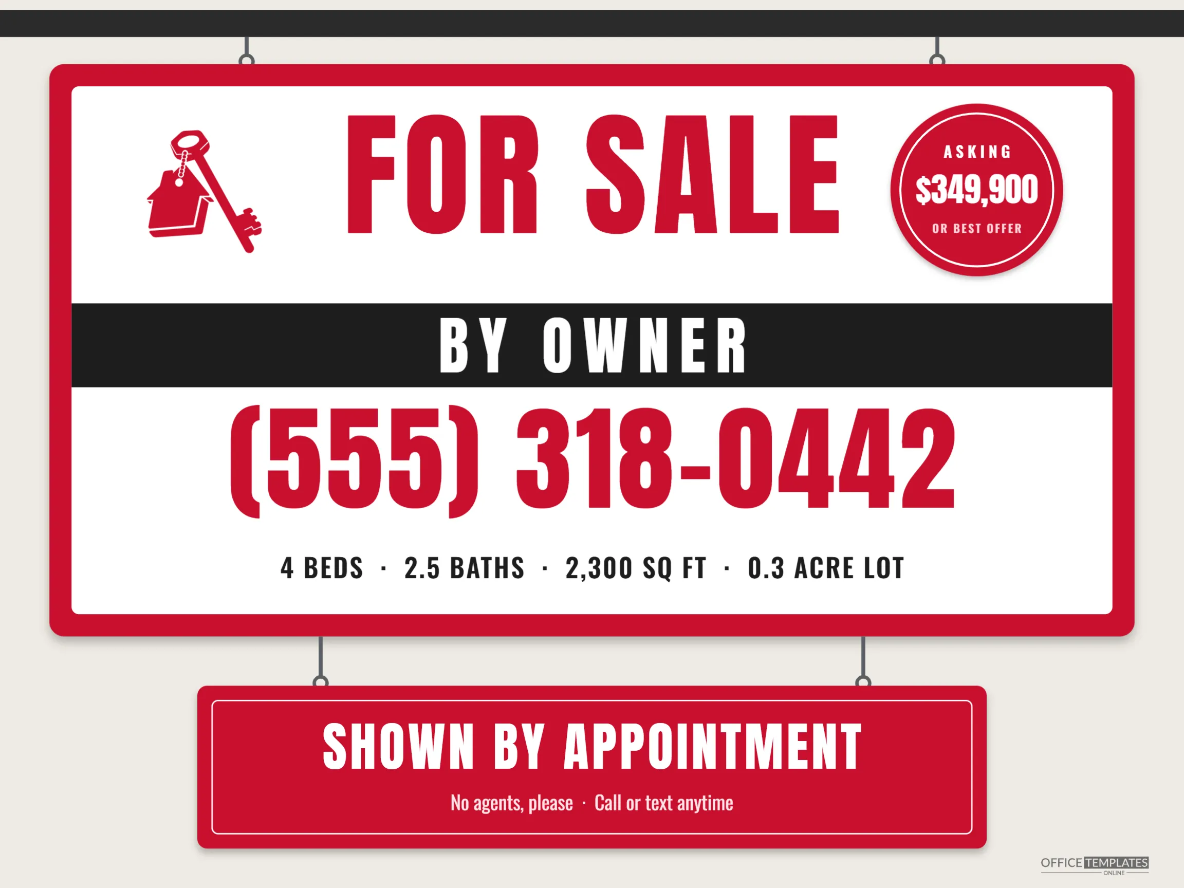 For Sale by Owner Sign Template – Red Yard Sign with Hanging Rider