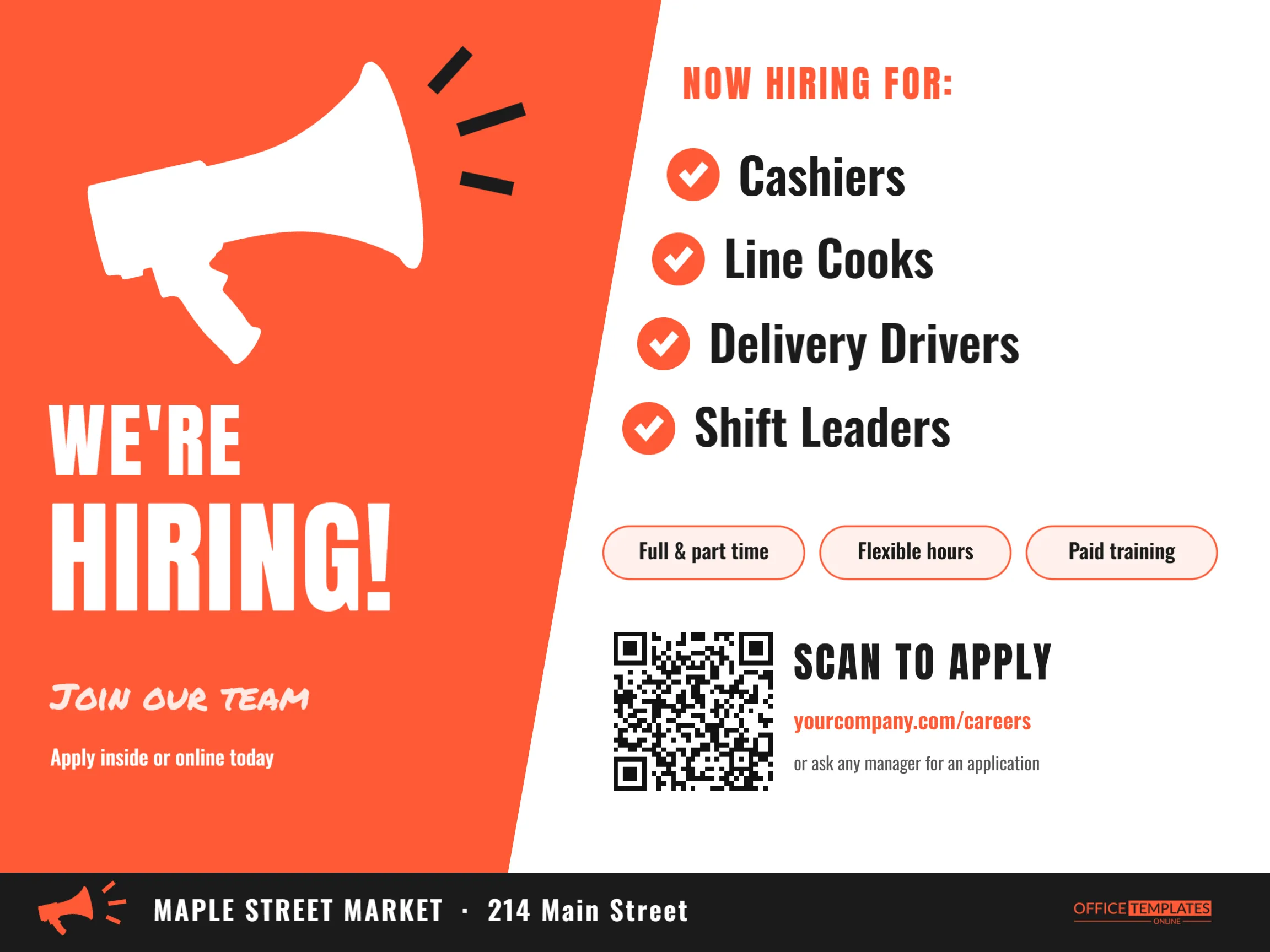 Now Hiring Sign Template – Megaphone Design with Scan-to-Apply QR