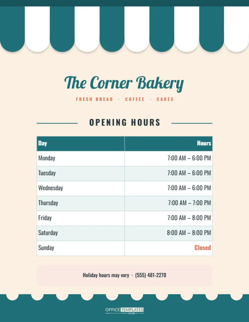 Business Hours Sign Template – Storefront Awning Door Sign