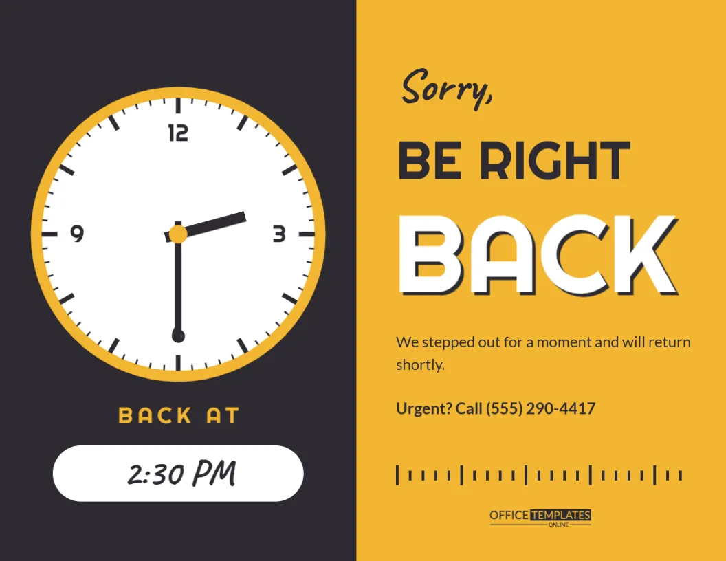 Be Right Back Sign Template – Door Sign with Movable Clock Hands