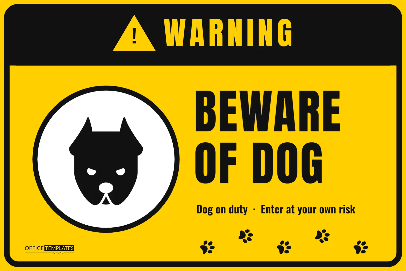 Beware of Dog Sign Template – Yellow Warning Sign with Paw Prints