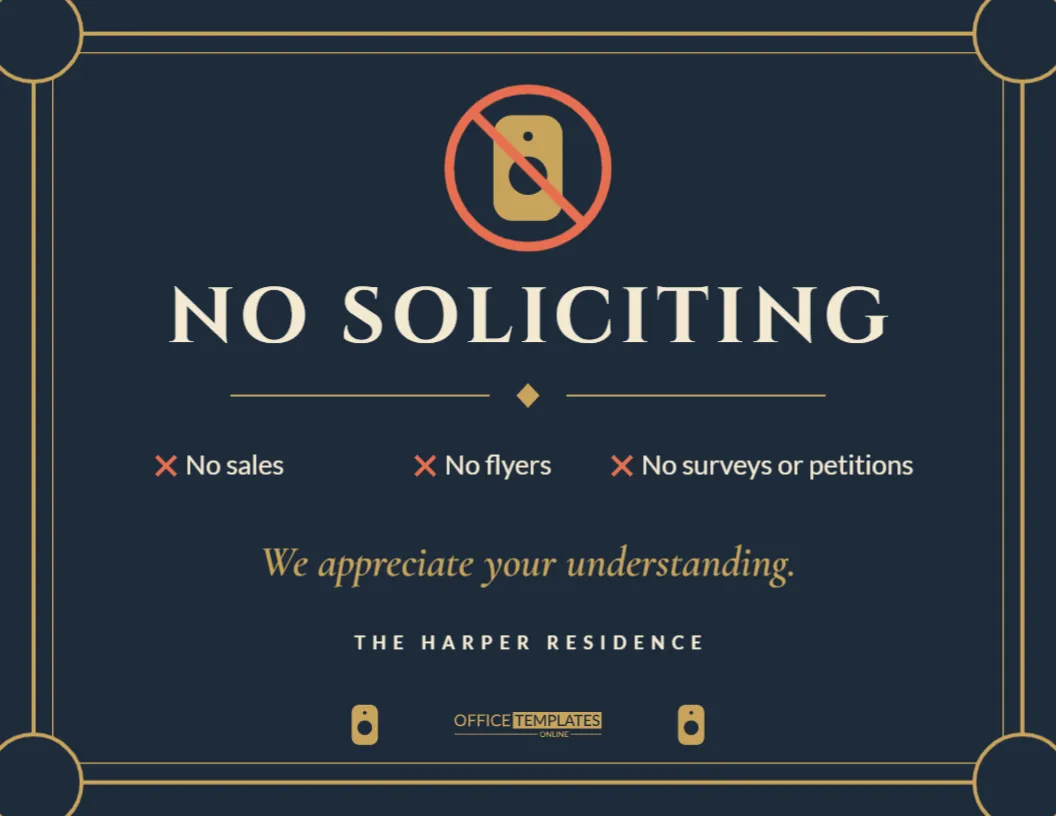 No Soliciting Sign Template – Elegant Navy & Brass Door Plaque