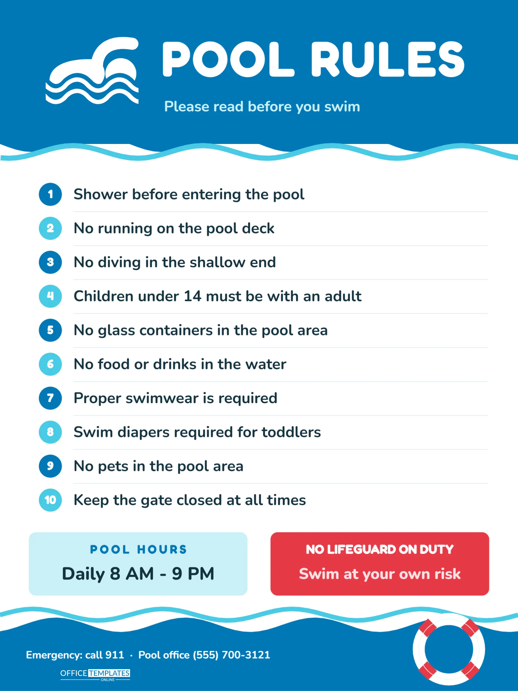 Pool Rules Sign Template – Ten Numbered Rules with Wave Header