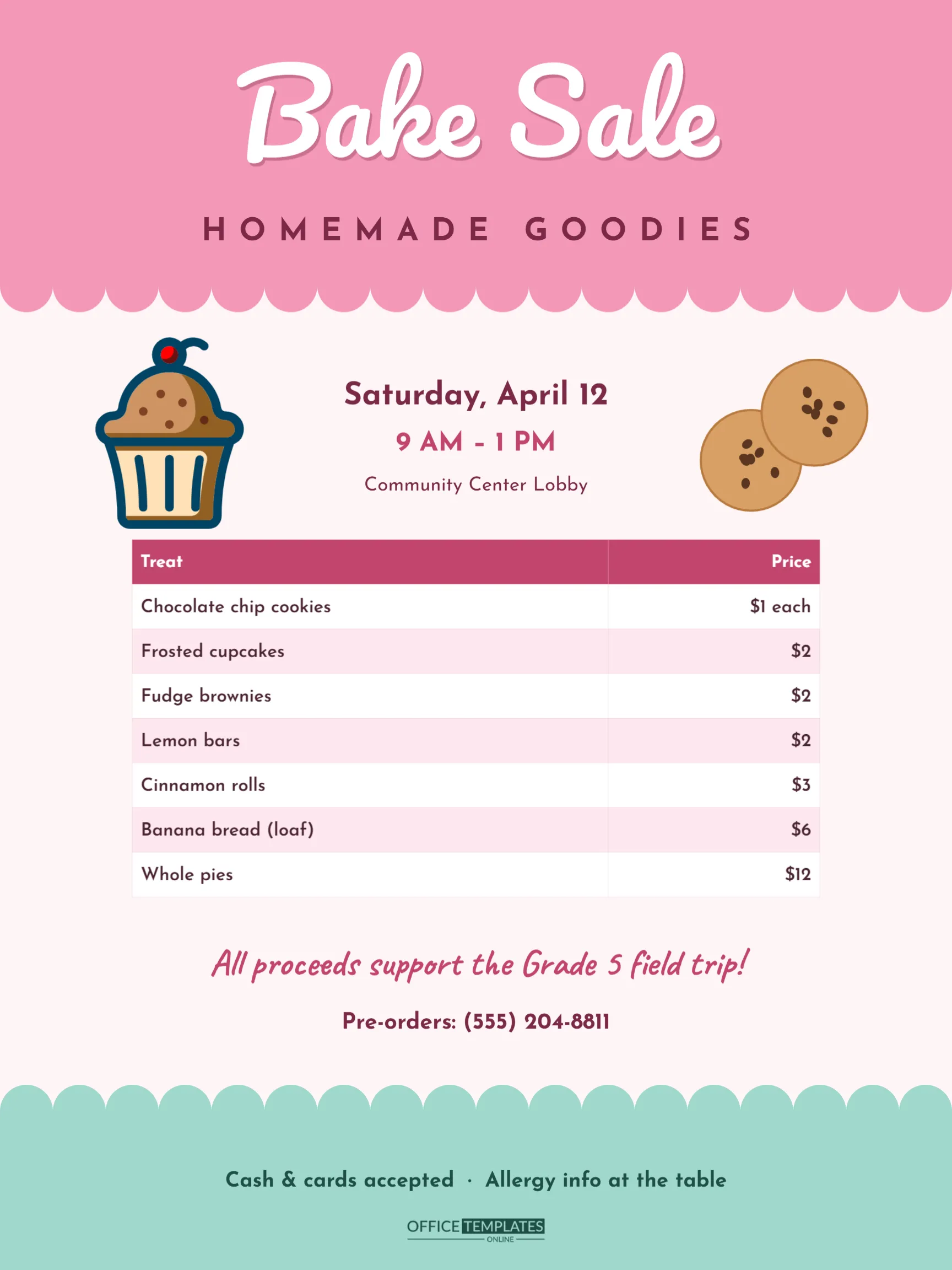 Bake Sale Sign Template – Pastel Bakery Poster with Price List