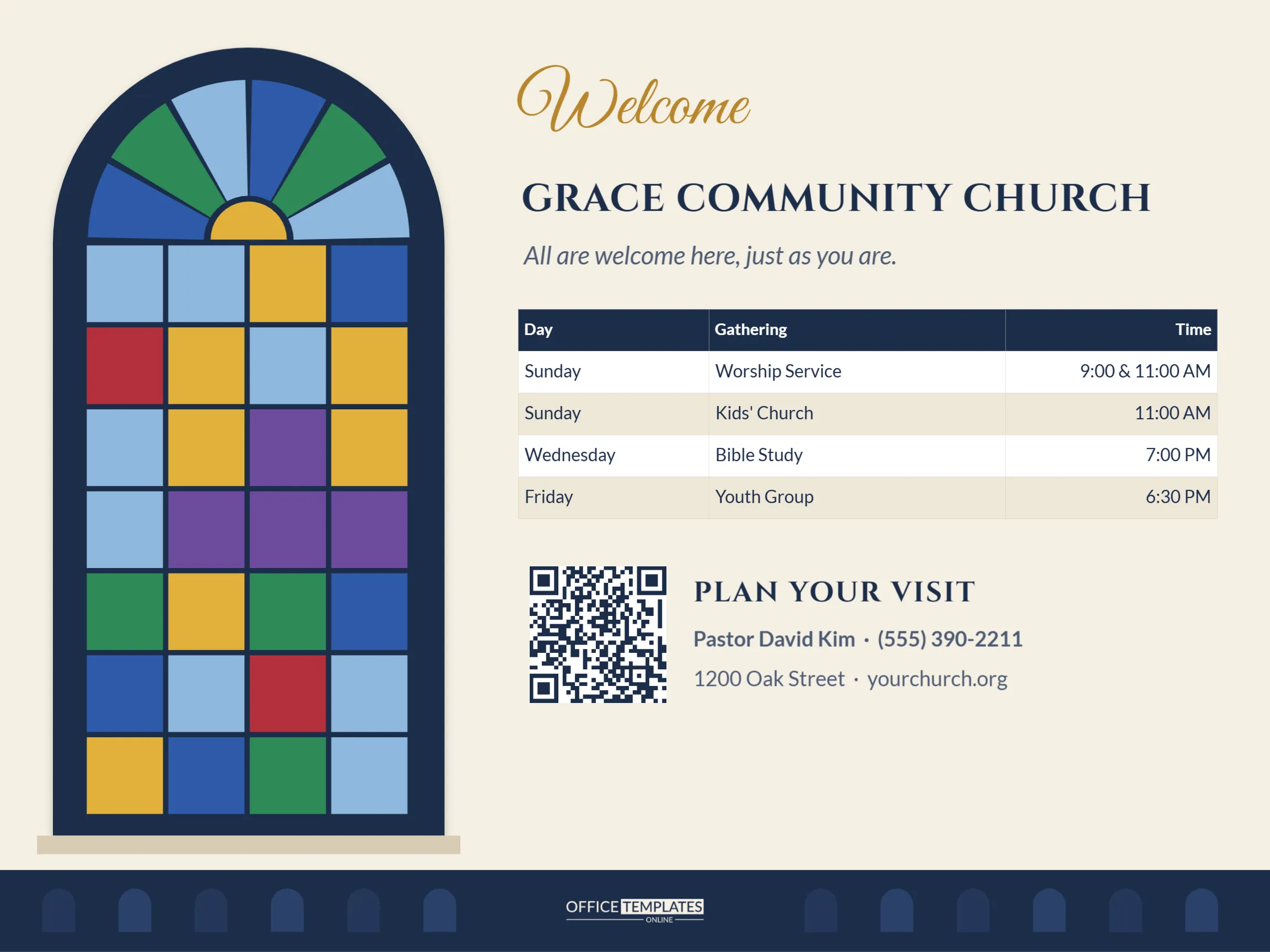 Church Welcome Sign Template – Stained Glass Window with Service Times