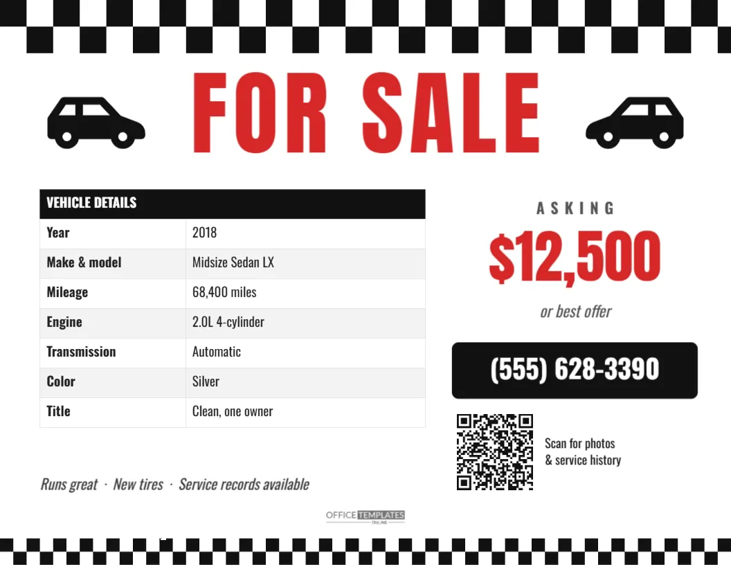 Car for Sale Sign Template – Window Sign with Specs Table & Price
