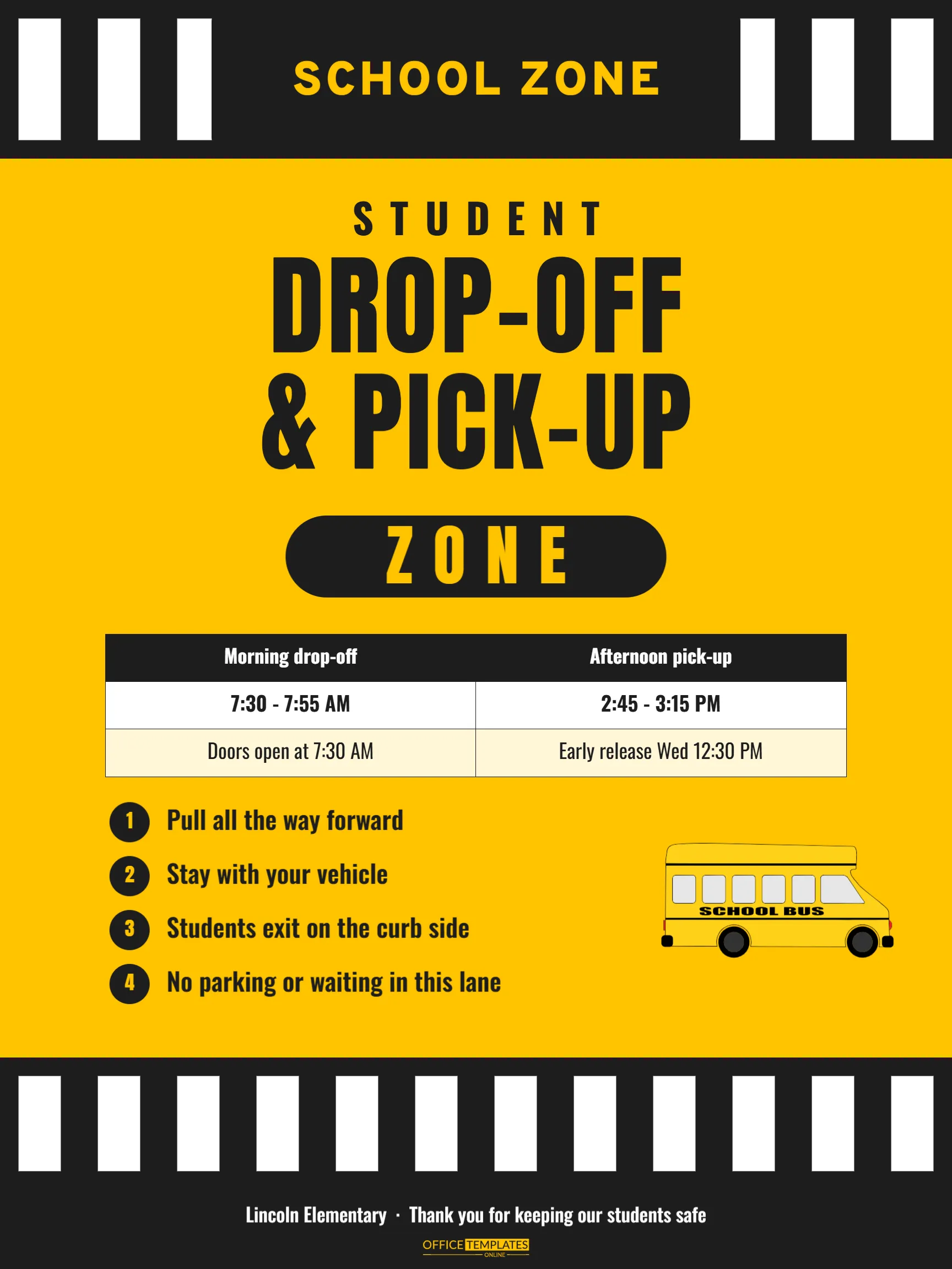 School Drop-Off & Pick-Up Zone Sign Template – Bus Yellow Crosswalk Design