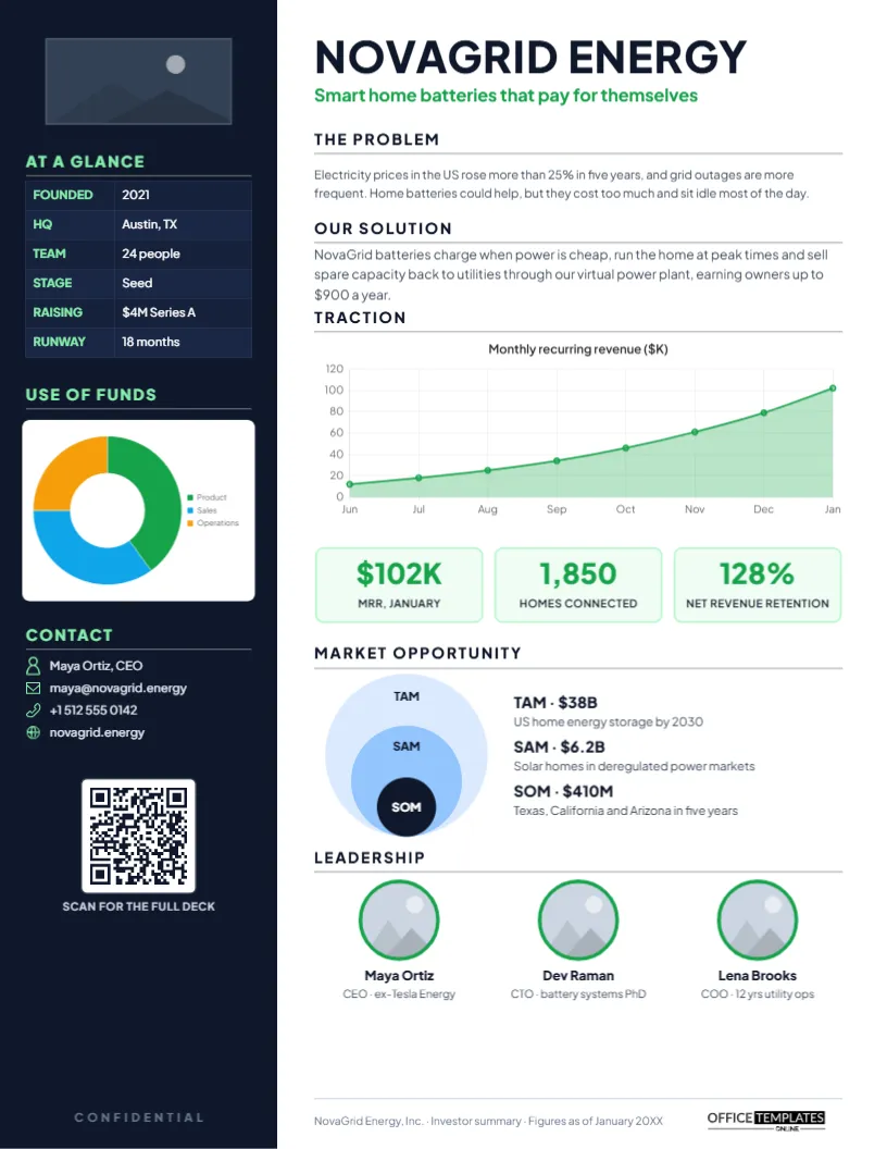 Startup Investor One-Pager Fact Sheet – Traction Chart and Market Sizing