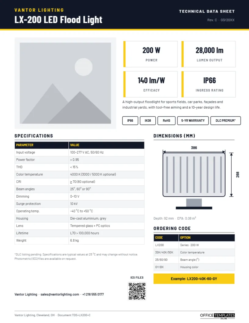 Technical Data Sheet Template – Product Specifications and Ordering Code