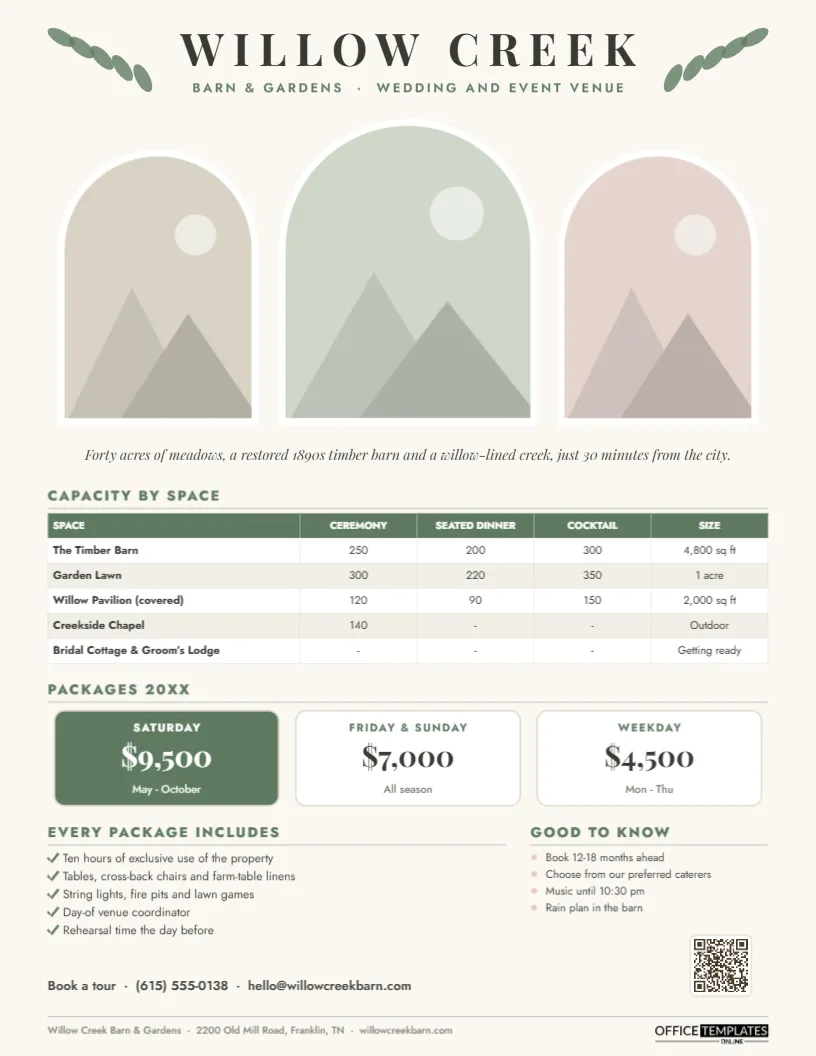 Wedding Venue Fact Sheet – Arched Photos, Capacity Table and Packages