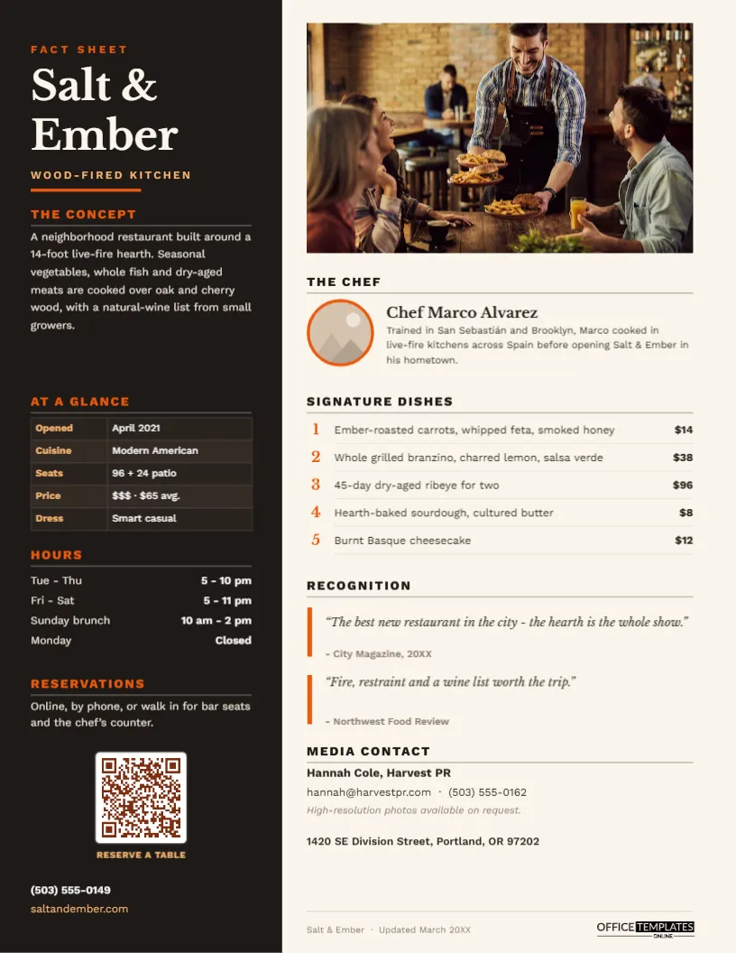 Restaurant Fact Sheet Template – Chef Bio, Signature Dishes and Press