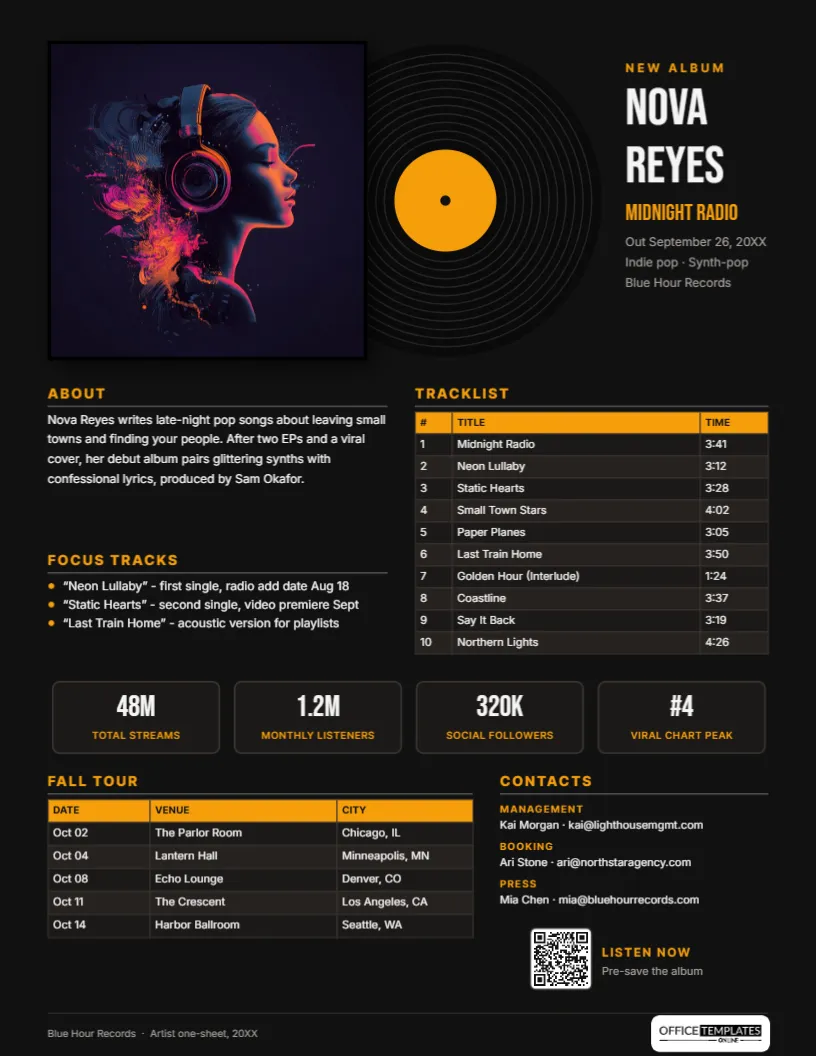 Music One-Sheet Template – Album Release With Vinyl Record Design