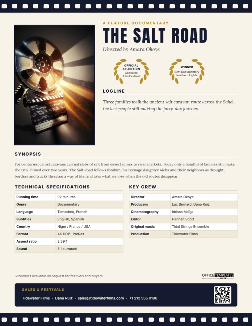 Film Fact Sheet Template – Documentary With Film-Strip Border and Laurels