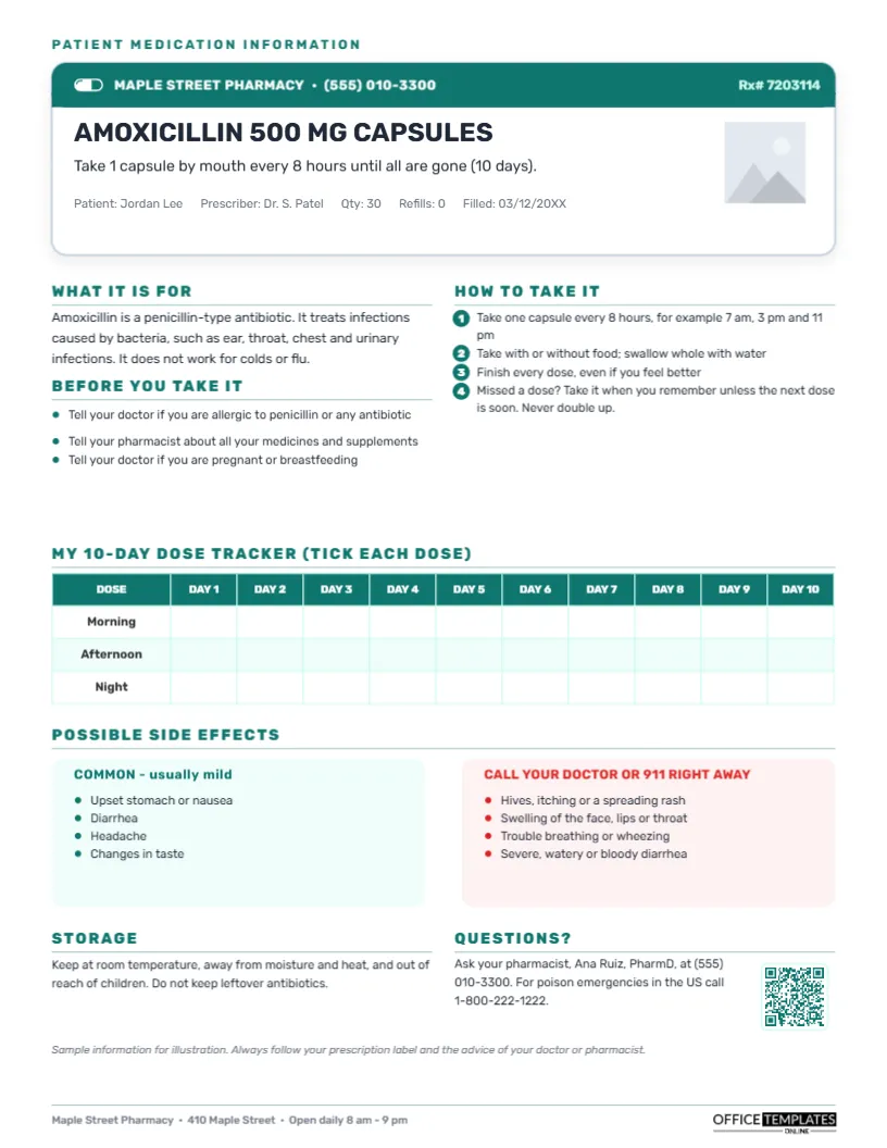 Patient Medication Information Sheet With a 10-Day Dose Tracker